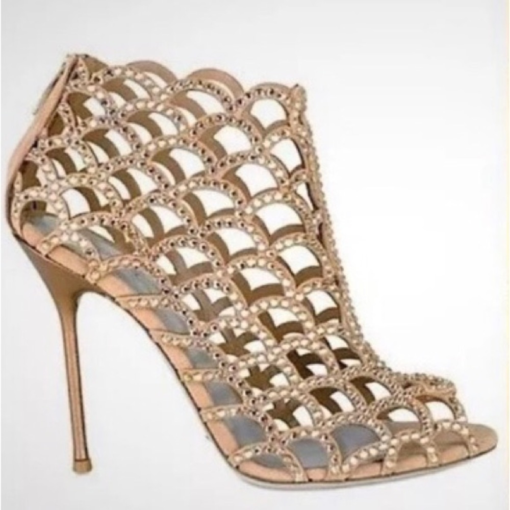 SEXY 4” SERGIO ROSSI NUDE CAGED MERMAID BOOTIE SWAROVSKI CRYSTALS SZ 8 UNWORN A+